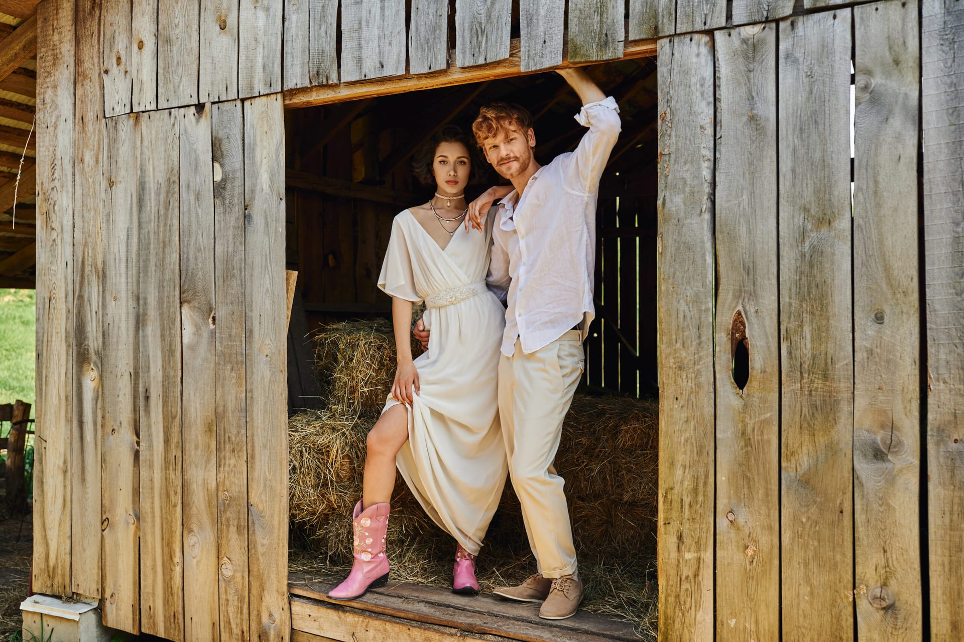 Newlyweds outdoors on their wedding day